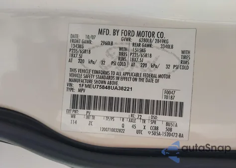 2008 Ford Explorer Limited z USA, uszkodzony, nr VIN 1FMEU75848UA38221